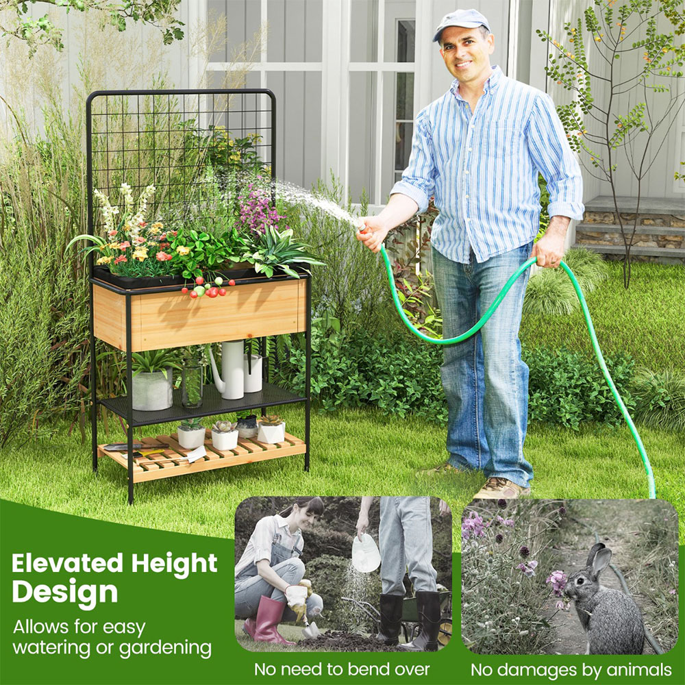 Costway 2 Tier Natural Trellis Raised Garden Bed with Storage Shelves Image 8