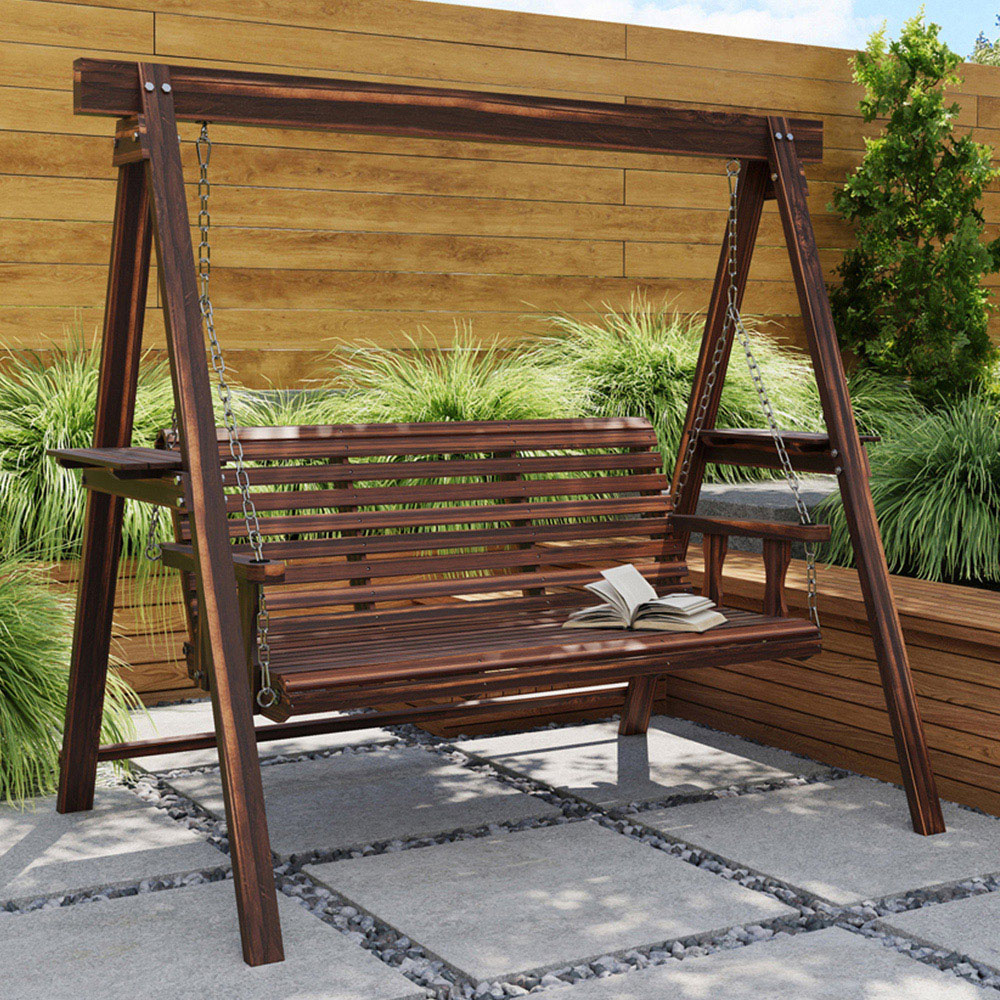 Outsunny 3 Seater Wooden Garden Swing Chair with Side Tables Image 1