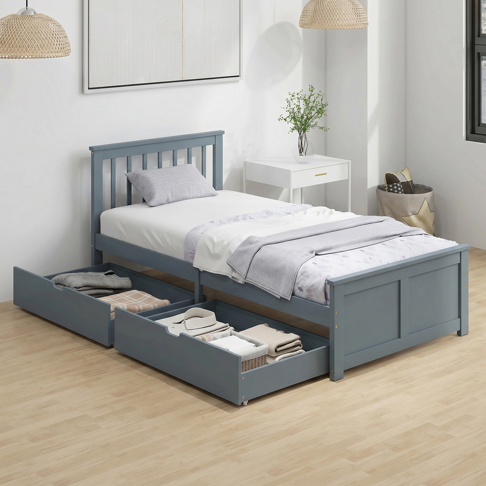 HOMCOM Single Grey Bed Frame with 2 Drawers and Headboard Image 2