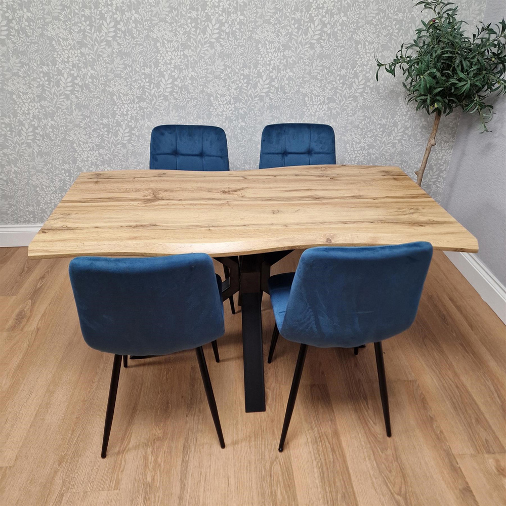 Portland 4 Seater Velvet Tufted Wooden Tabletop Dining Set Blue Image 3