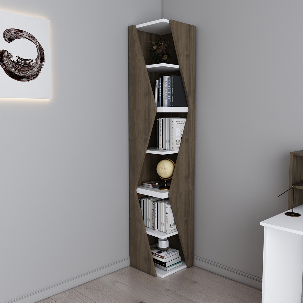 Decorotika Arrow 6 Shelf Walnut White Corner Bookcase Image 3