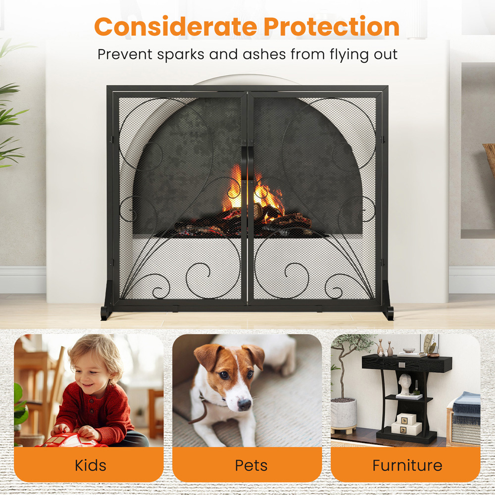 Costway Double Door Black Steel Fire Guard with Magnetic Panels Image 8
