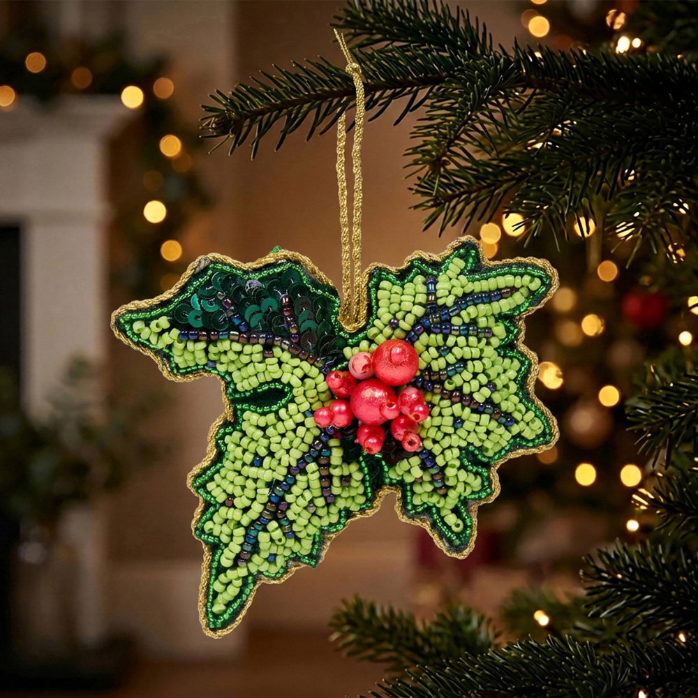 Beaded Holly Hanging Decoration Image 2