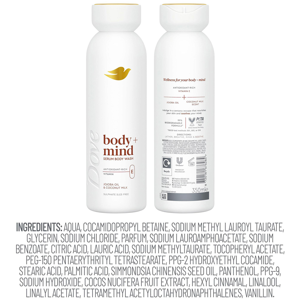 Dove Body+Mind Jojoba Oil and Coconut Milk Vitamin E Serum Body Wash 350ml 6 Pack Image 7