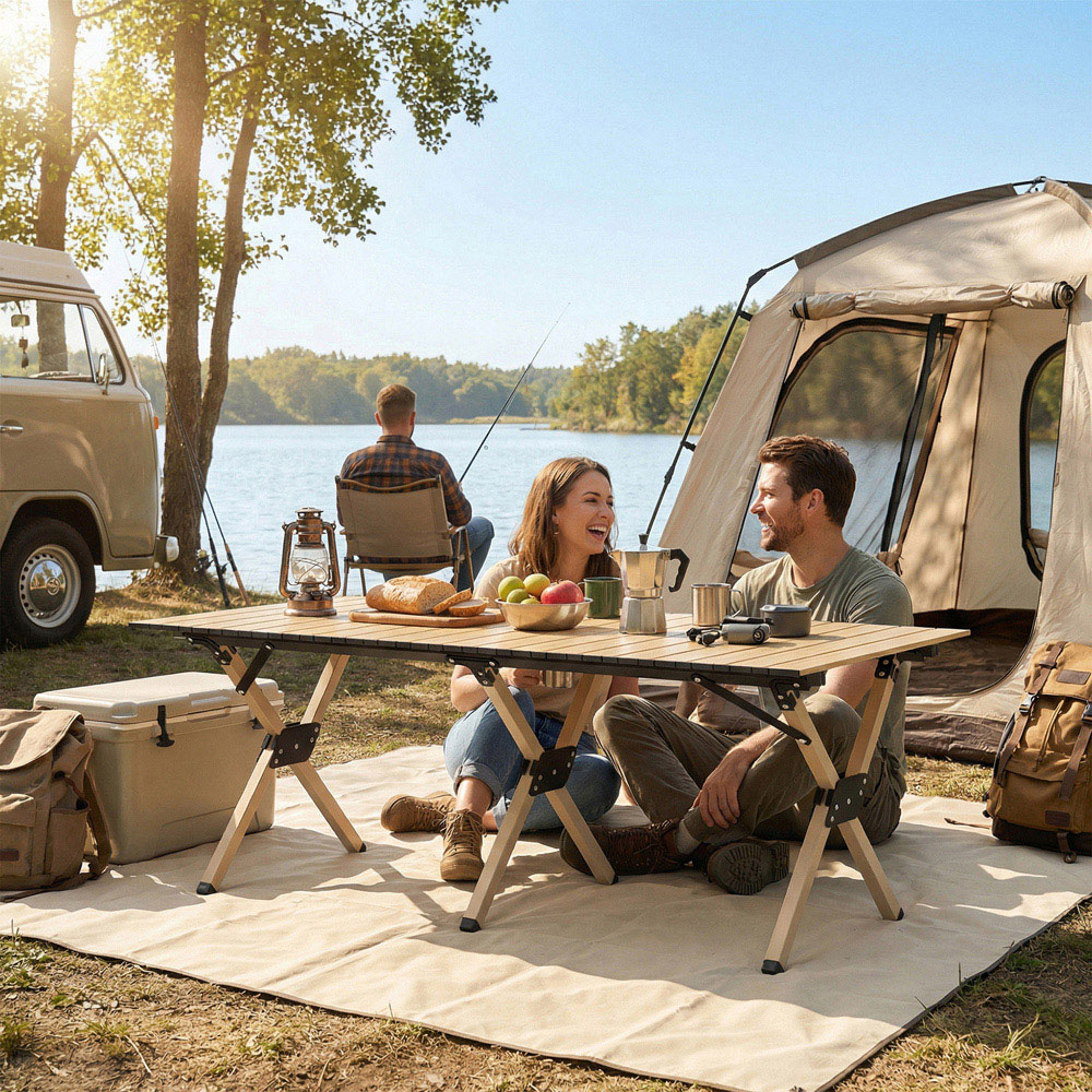 Outsunny 4ft Brown Roll Up Top Metal Frame Foldable Camping Table Image 7