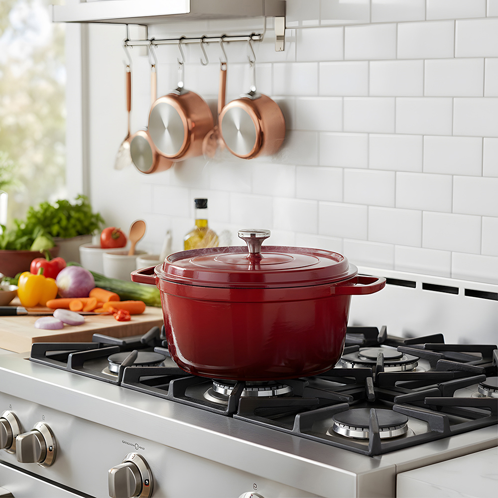 Living and Home 4.75L Red Non-Stick Cast Aluminium Enamelled Cooking Pot with Lid Image 2