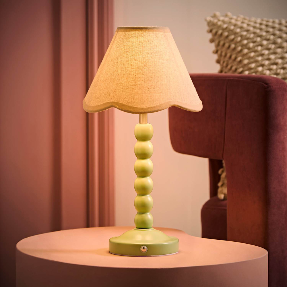 ValueLights Bobble Natural Scallop Shade Green Rechargeable Wooden LED Table Lamp Image 2