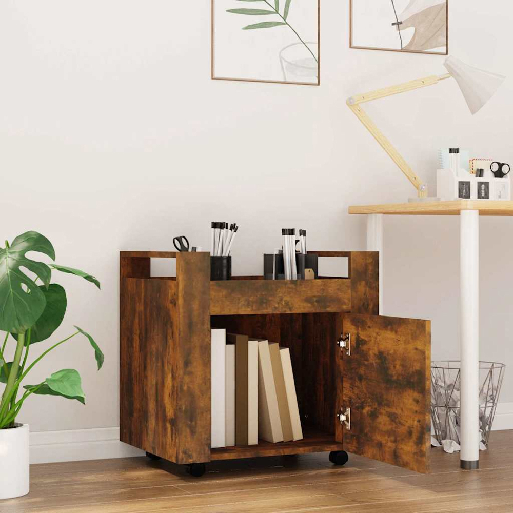 vidaXL Single Door Single Shelf Smoked Oak Wooden Desk Trolley Image 9