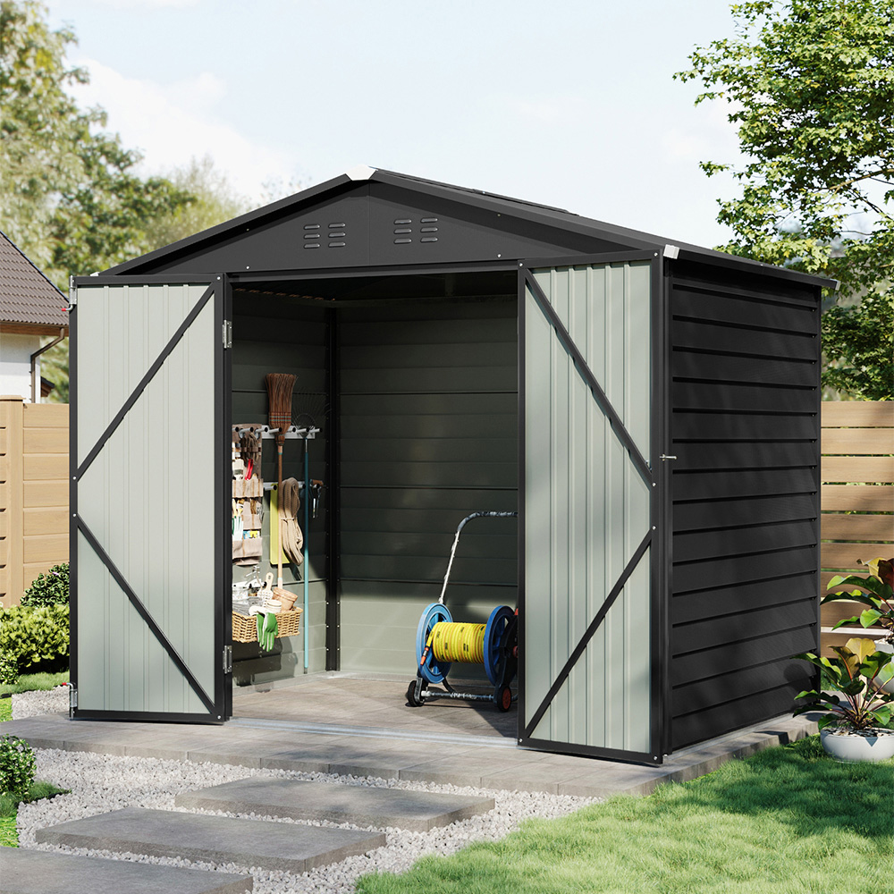 Living and Home 8 x 5.7ft Black Metal Apex Roof Garden Storage Shed Image 2