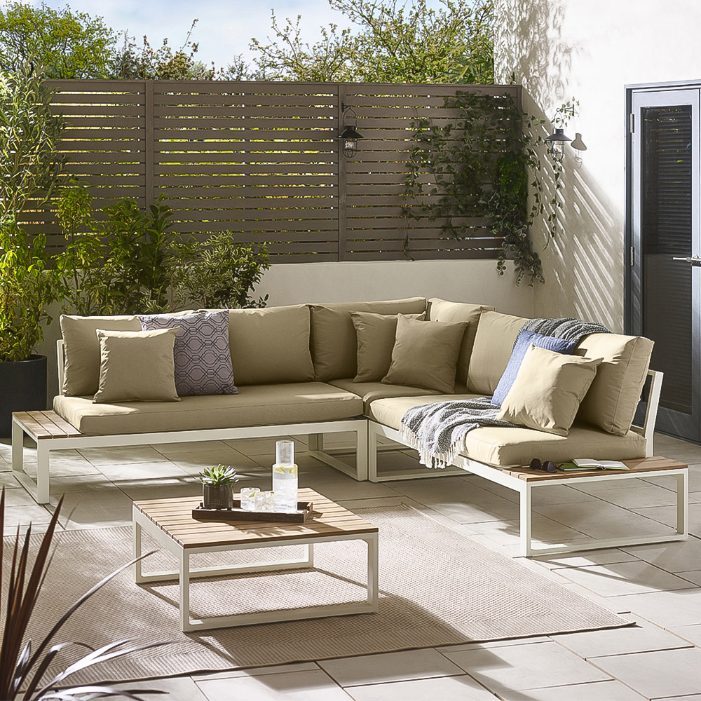 Furniturebox Bermuda 6 Seater White and Olive Garden Corner Sofa Set Image 1