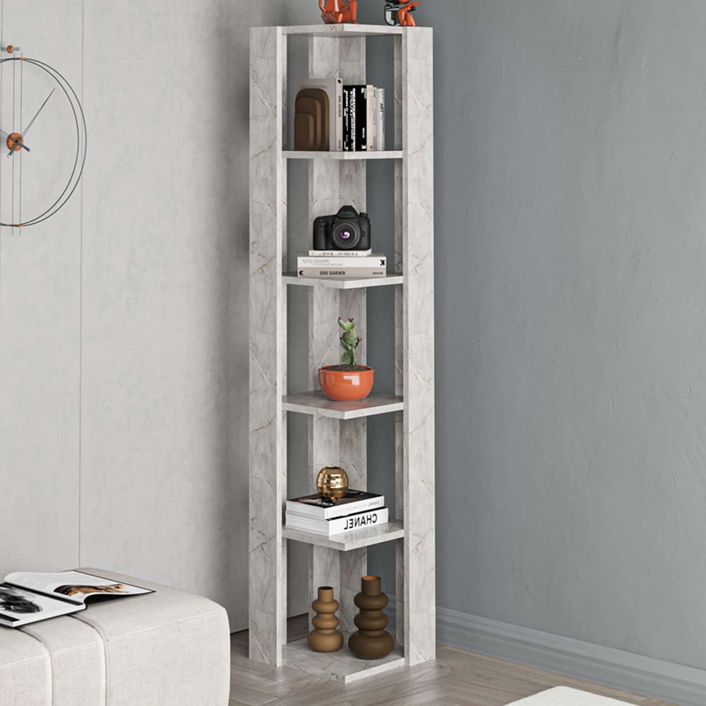 Decortie Nati Gold and Marble Effect 5 Tier Tall Corner Bookcase Display Unit Image 1