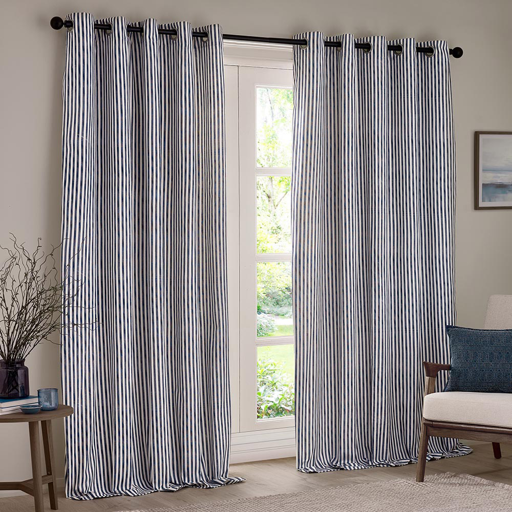 Yard Hebden Blue Striped Cotton Eyelet Curtains 168 x 137cm Image 1