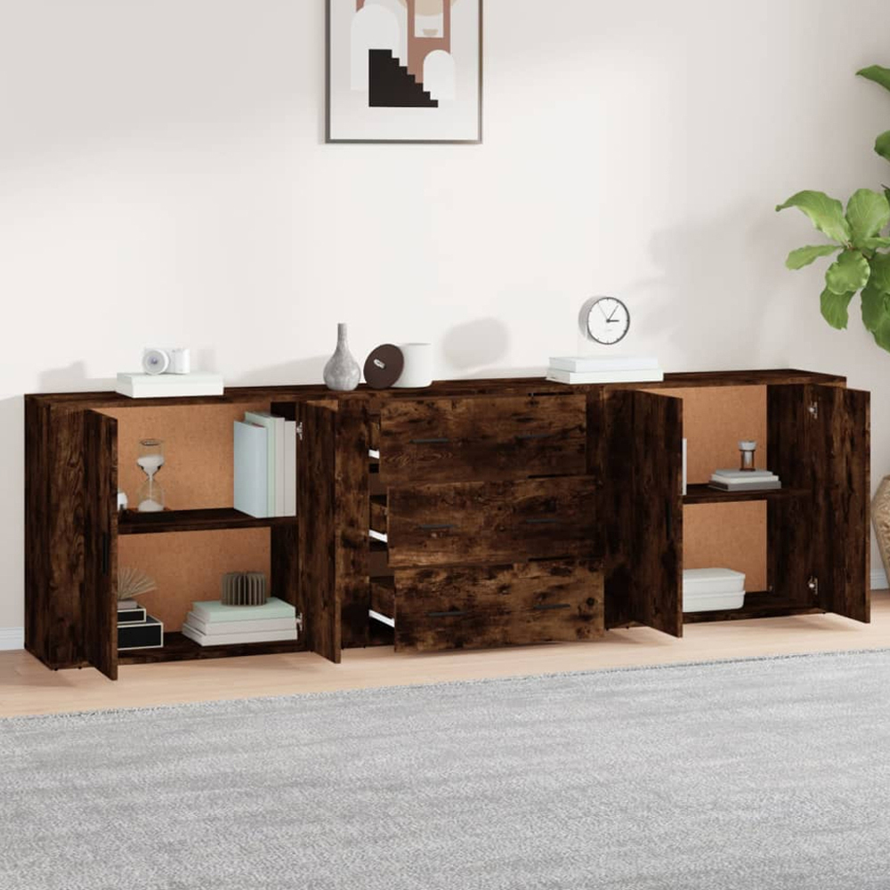 vidaXL 4 Door 3 Drawer Smoked Oak Sideboard Set of 3 Image 1