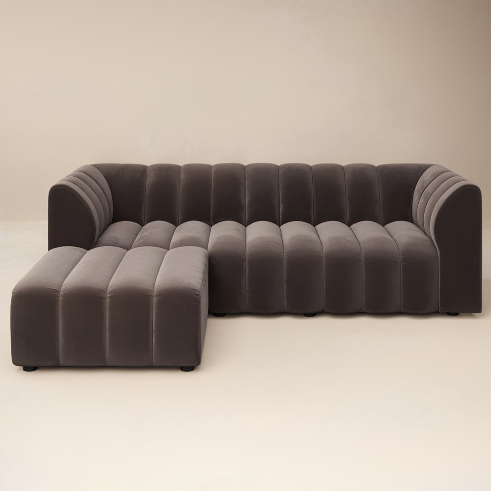 Solace+Co Halle 3 Seater Brown Velvet Sofa with Footstool Image 2