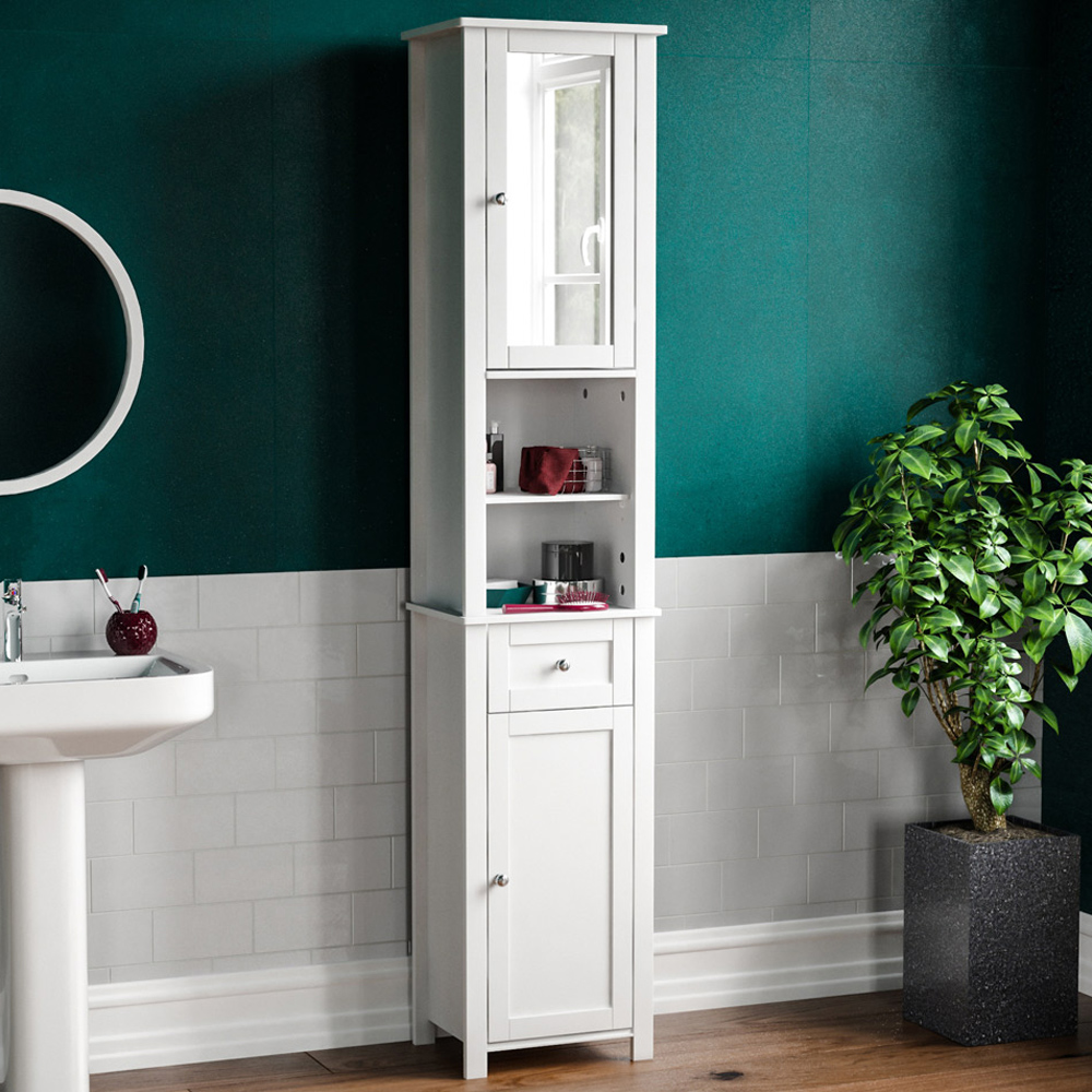 Lassic Bath Vida Priano White Single Drawer 2 Door Tall Mirror Floor Cabinet Image 1