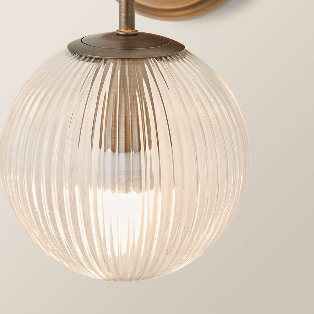 ValueLights Kempton Ribbed Globe Shade Brushed Brass Wall Light with Bulb Image 3