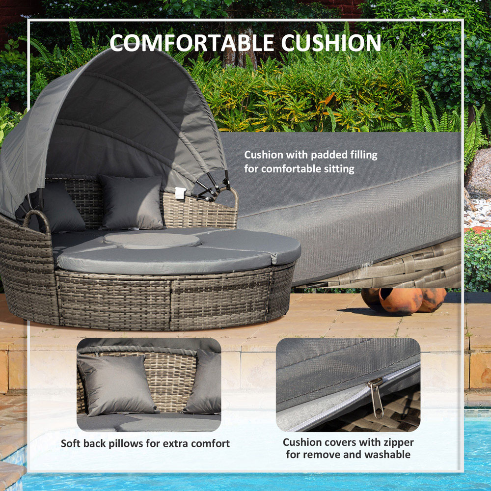 Outsunny 6 Seater Grey Rattan Round Lounge Set with Retractable Canopy Image 6