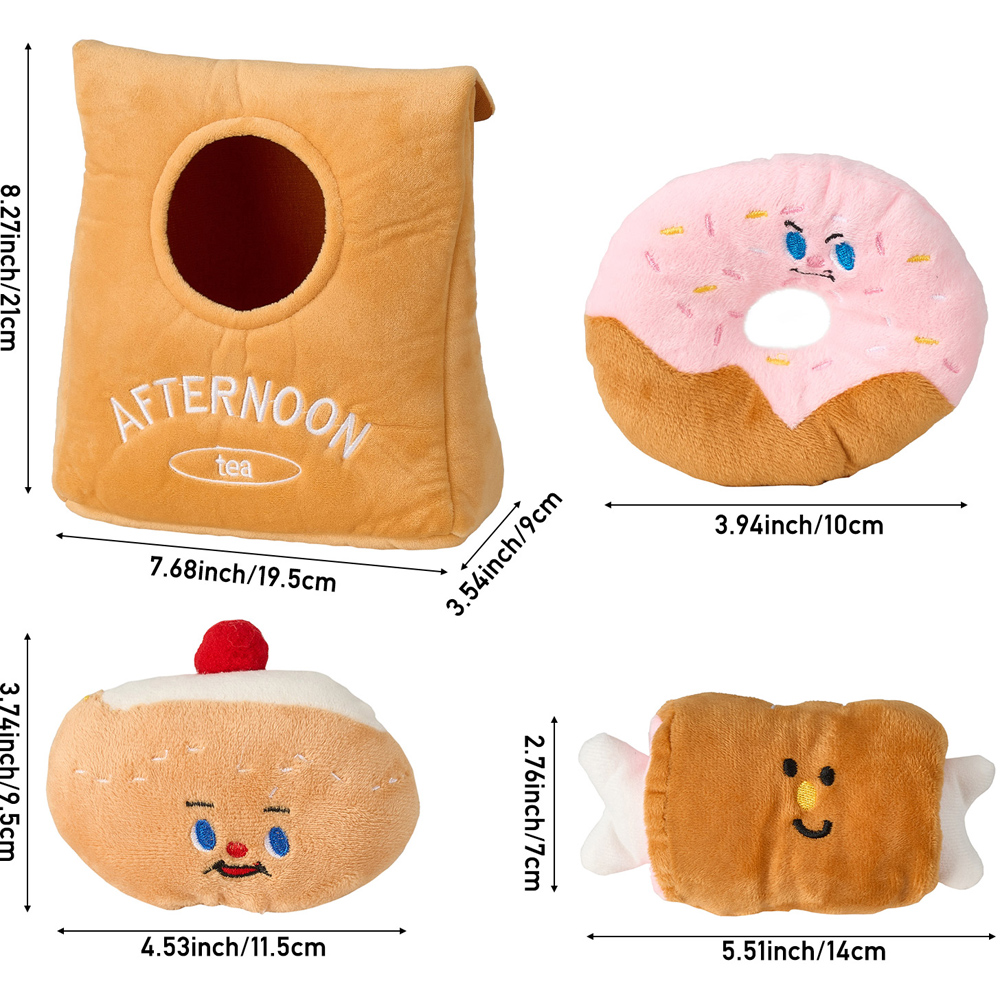 H&O Direct 4 Piece Squeaky Doughnut Pastry and Grilled Meat Soft Plush Interactive Dog Toy Set Image 6