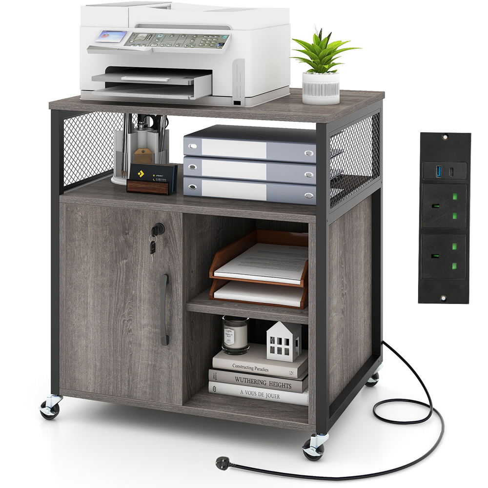 Costway Single Drawer 3 Shelf Grey File Cabinet with Charging Station Image 3