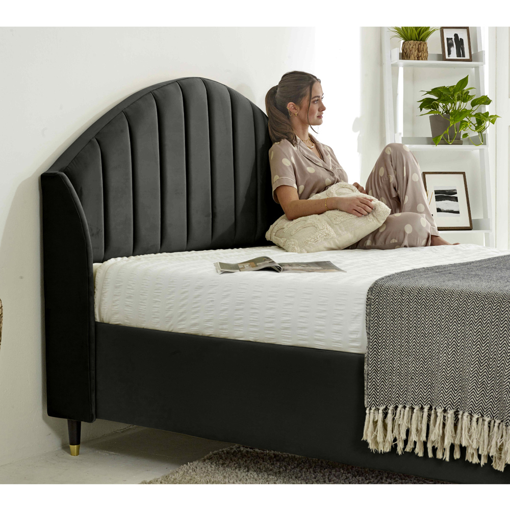 Eleganza Elysium Single Black Plush Velvet Bed Frame with Curved Winged Headboard Image 2