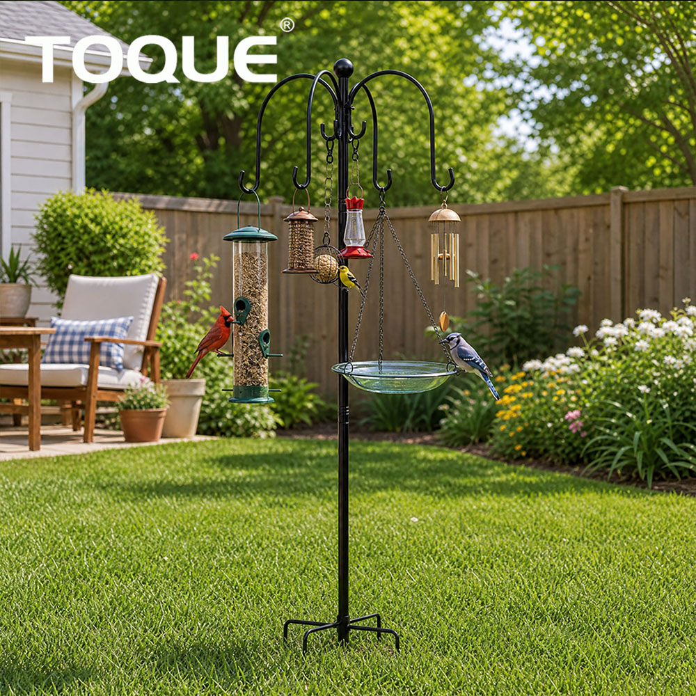 TOQUE Black Height Adjustable Complete Bird Feeding Station with 4 Feeders Image 6
