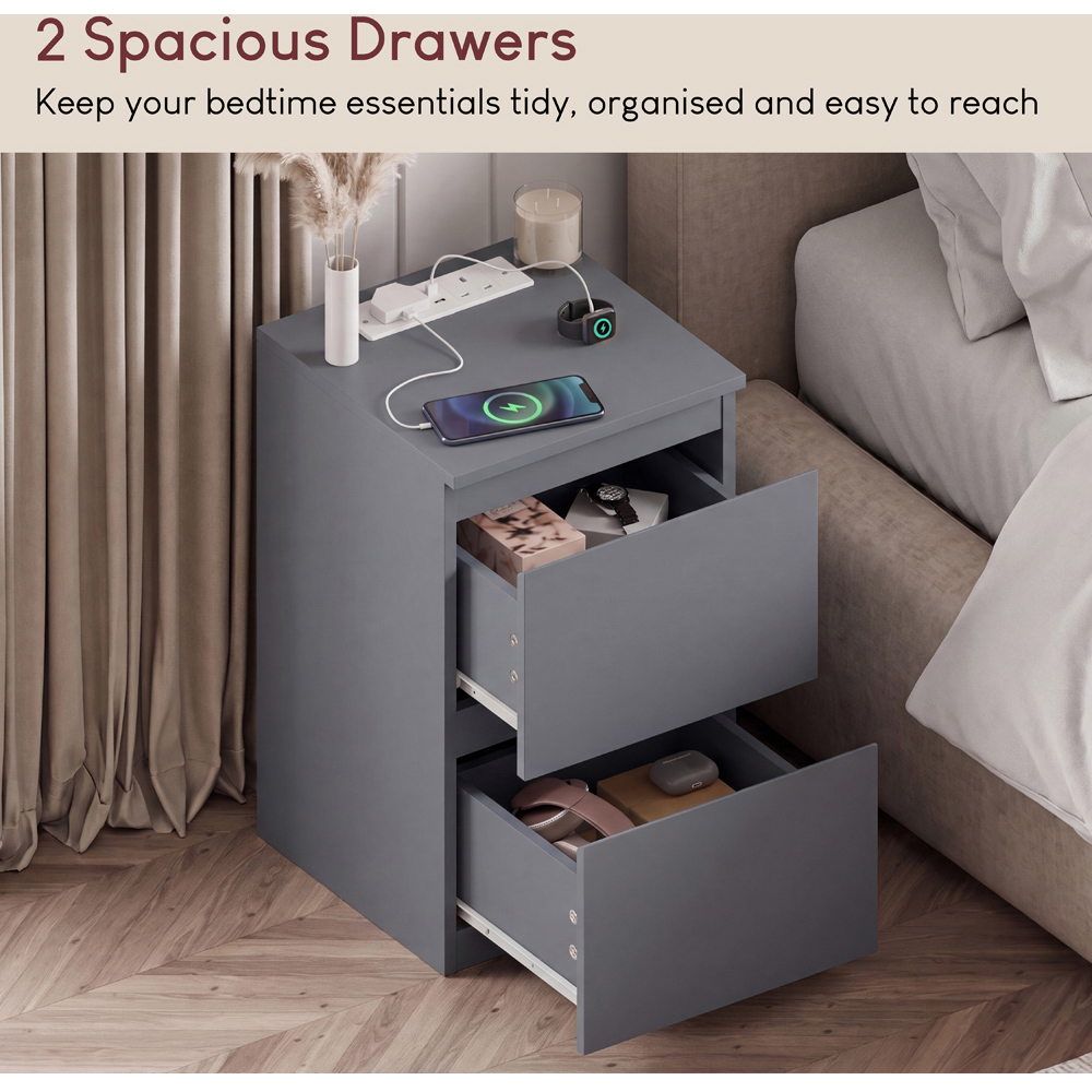 VIDA DESIGNS Denver 2 Drawer Grey Bedside Chest with Power Outlet Set of 2 Image 5