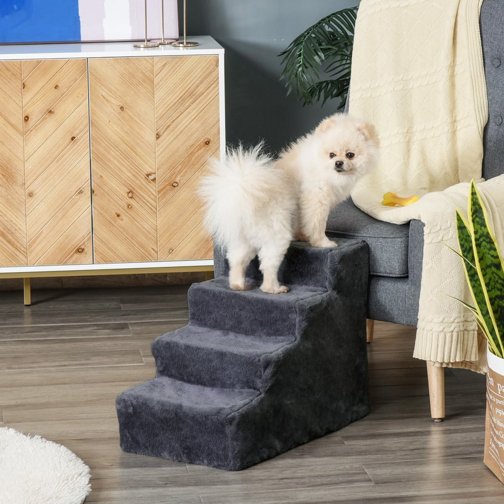PawHut 4 Step Dark Grey Portable Dog Stairs with Cover Image 2