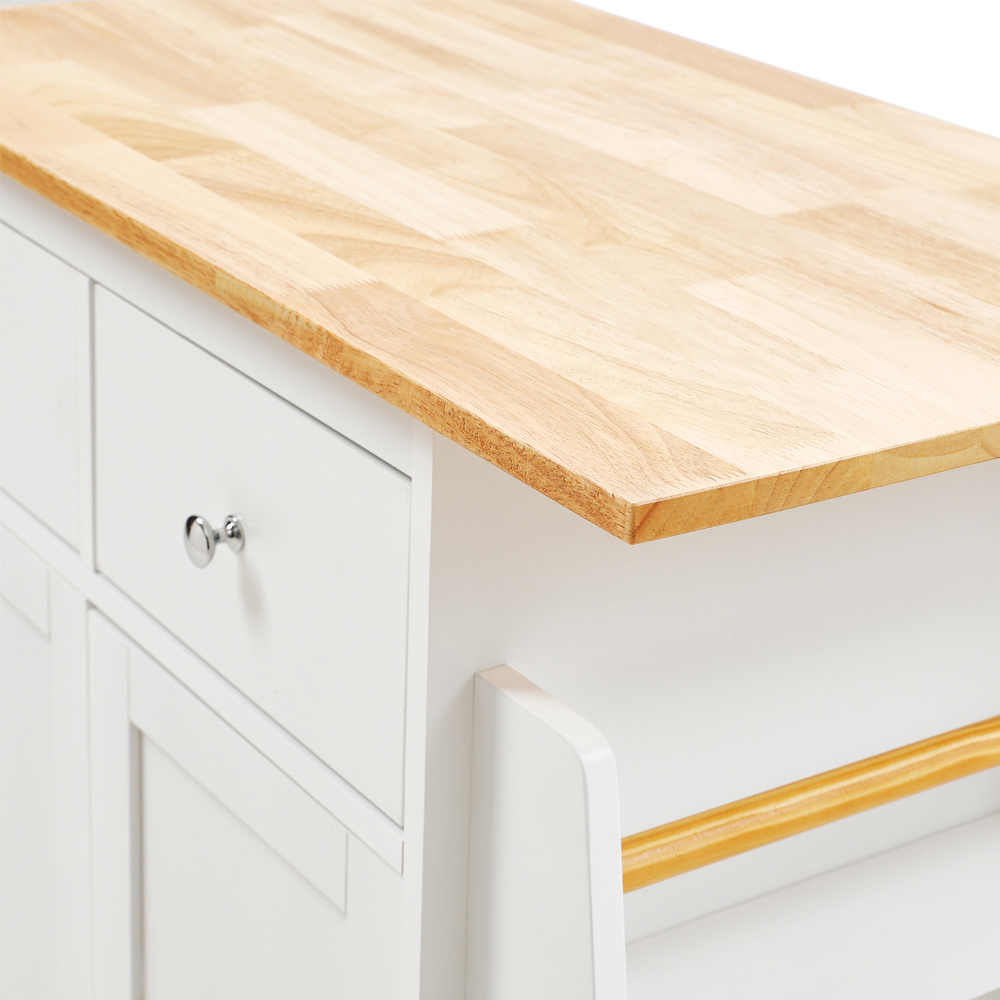 H&O Direct 2 Door 2 Drawer White Rubberwood Top Kitchen Trolley with Wheels Image 4