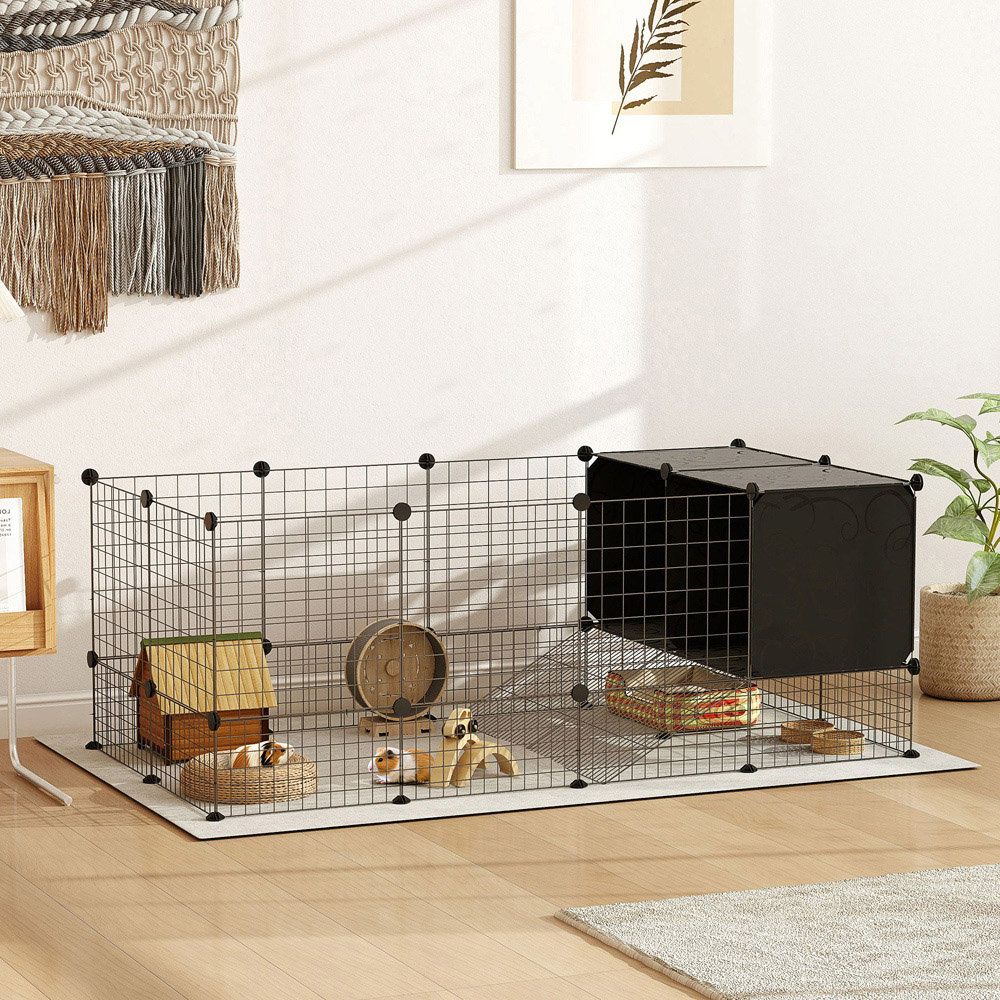 PawHut Black DIY Small Animal Playpen with Elevated Huts Image 2