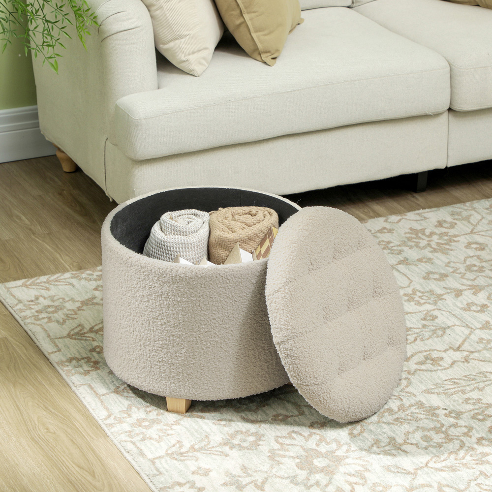 Portland Cream and White Round Teddy Fleece Ottoman Footstool Image 7