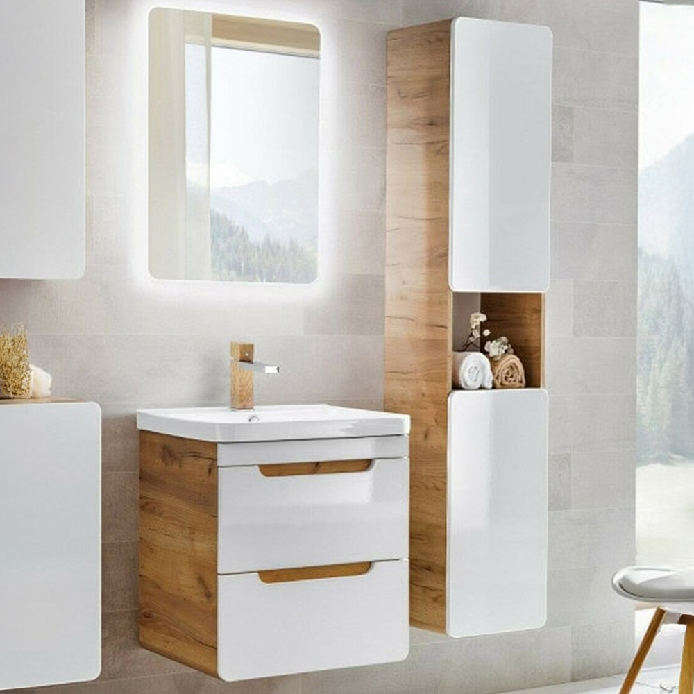 Impact Furniture Aruba White Gloss and Oak Wotan 4 Piece Floating Bathroom Furniture Set Image 1