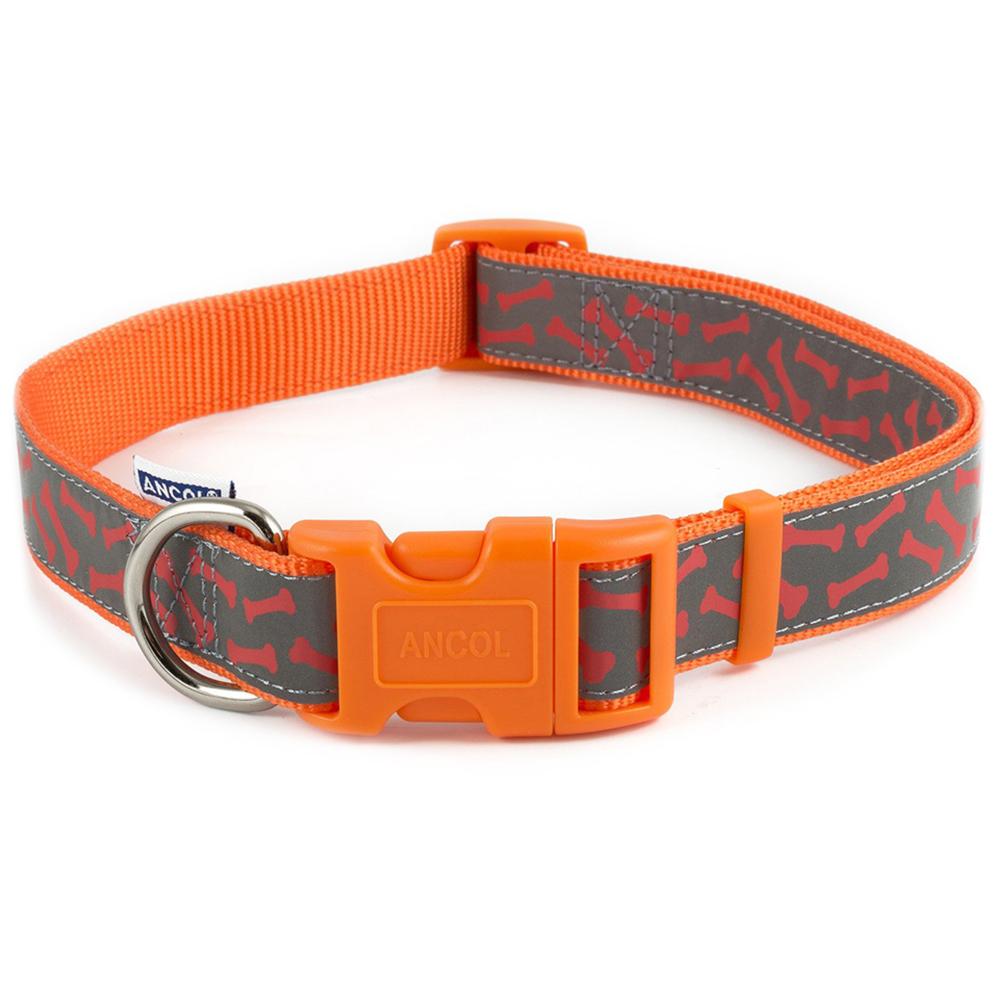 Ancol Reflective Dog Collar Bone Print  - Orange / 30 - 50 cm Image