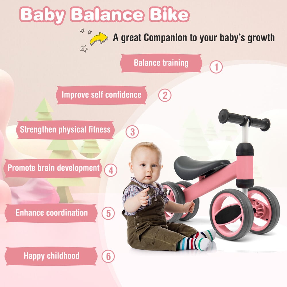 Costway Pink Baby Balance Bike with 4 Wheels Image 7