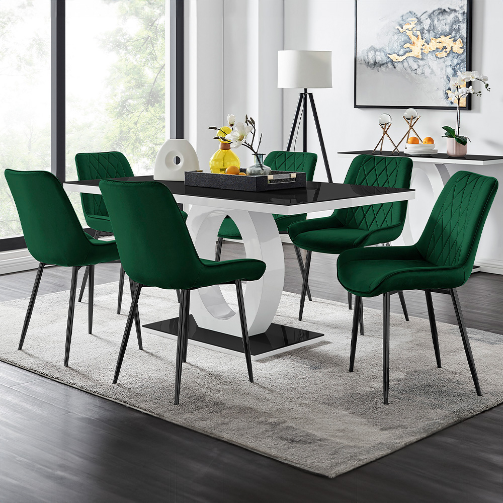 Furniturebox Lucia Cesano 6 Seater Dining Set Black High Gloss and Green Image 1