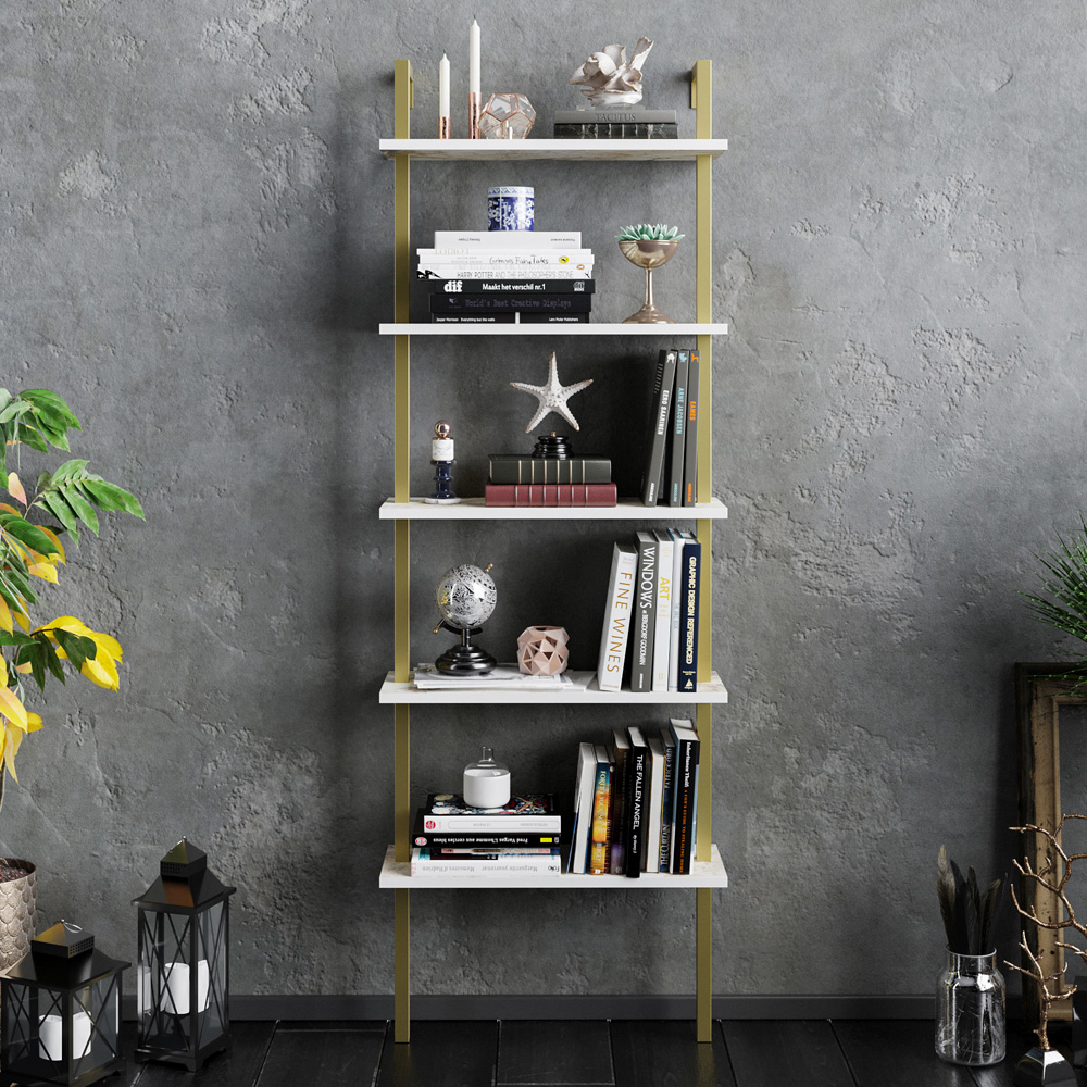 Decorotika Piante 5 Shelf White Marble and Gold Bookshelf Image 3