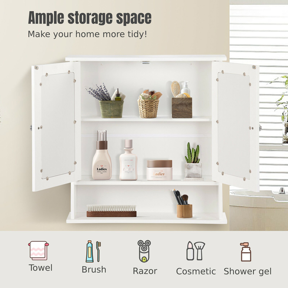 Costway White Adjustable Wooden Hanging Medicine Organizer with Mirror Image 6