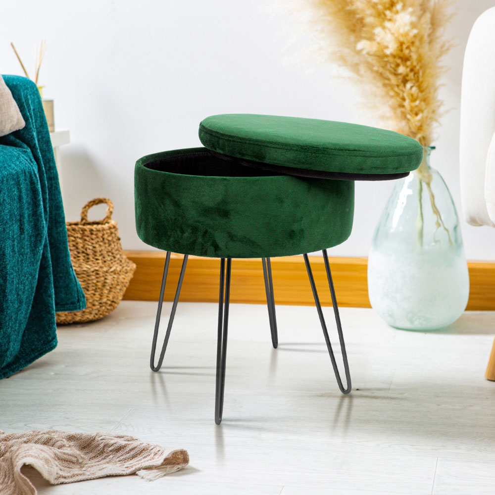 Harbour Housewares Green and Black Velvet Round Footstool with Storage Image 6