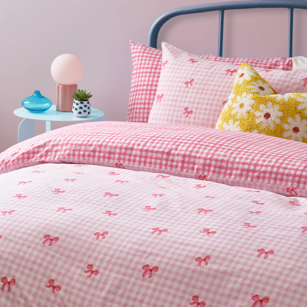 Heya Home King Size Gingham Bows Printed Pink Duvet Set Image 2