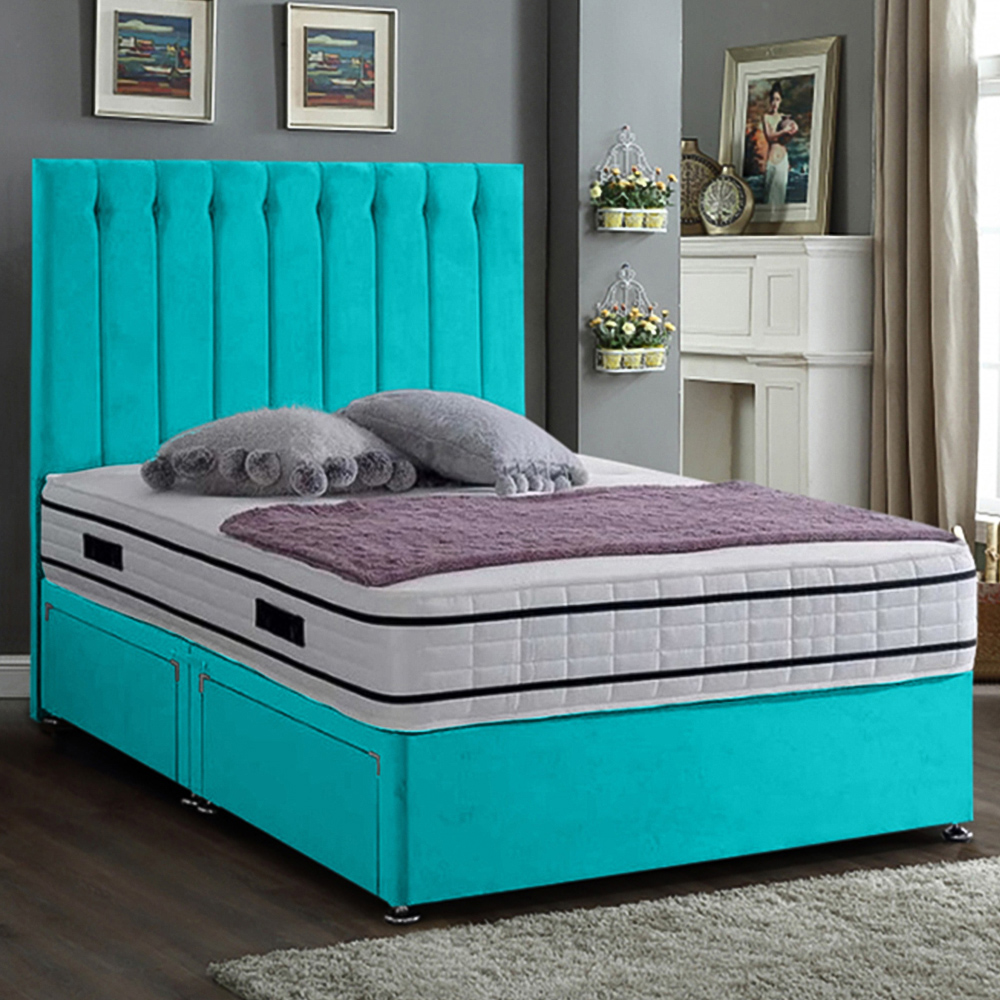 Eleganza Home Snuggler Single Teal Plush Velvet 2 Drawer Divan Bed with Lined Headboard Image 1