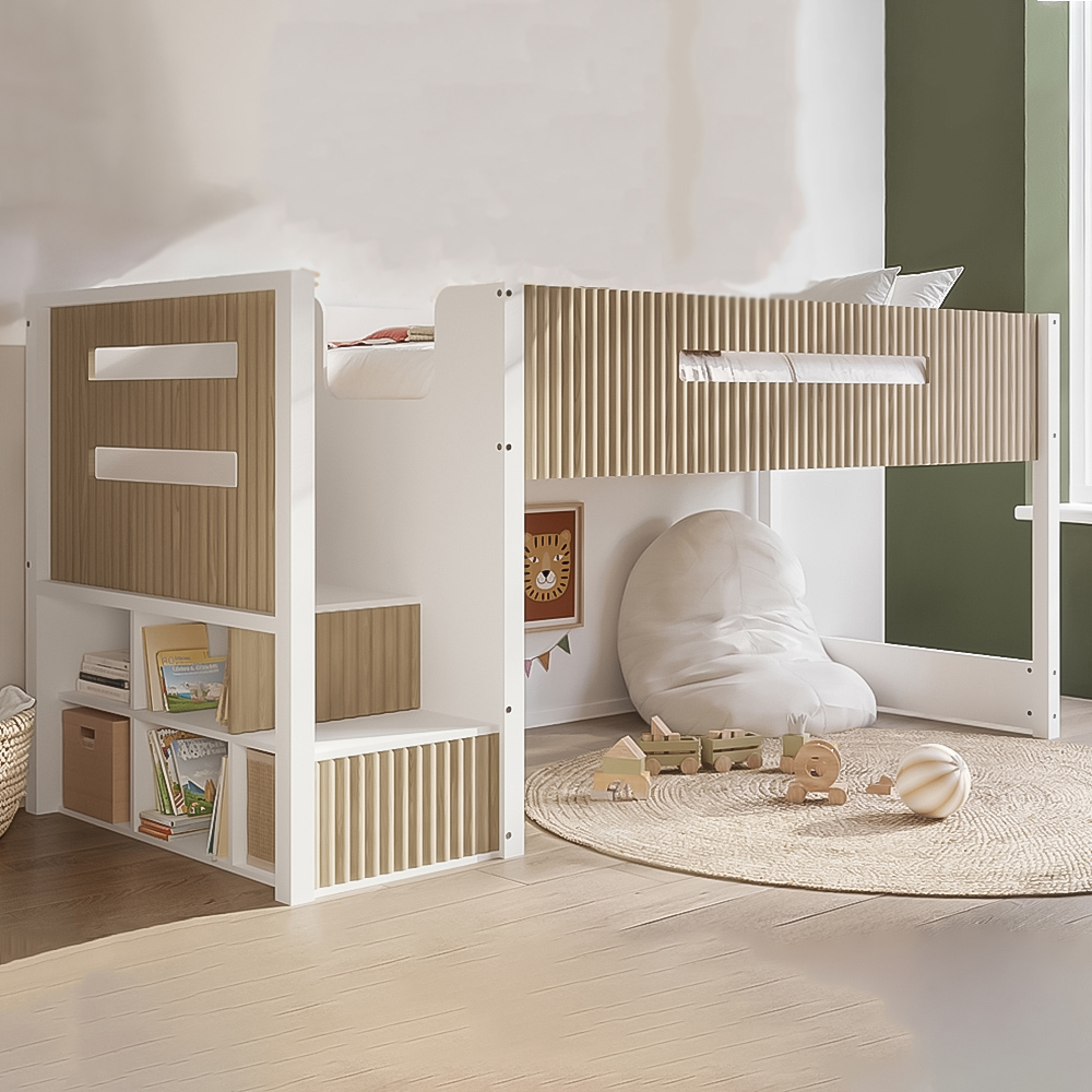 Flair Luca White and Oak Ribbed Mid Sleeper Bed with Chest and Cabinet Image 1
