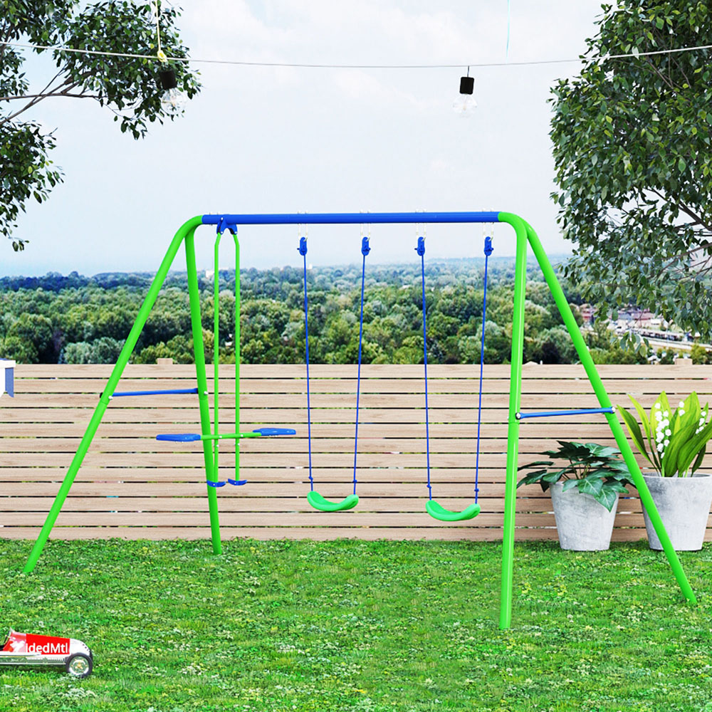 Outsunny Kids Metal 2 Swings and Seesaw Playground Set Image 2