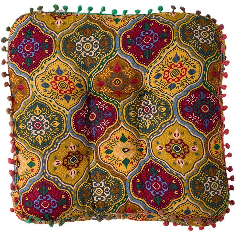 Living and Home Yellow Turkish Style Square Seat Cushion with Pom Pom Trim 40 x 40cm Image 3