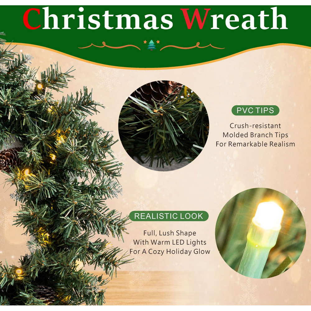 Abrihome 35 Warm White LED Multi-Function Artificial Christmas Wreath with Tips and Pinecones 50cm Image 6