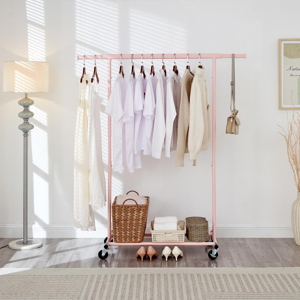House Of Home Single Shelf Pink Heavy-Duty Adjustable Rolling Clothes Rail Image 3