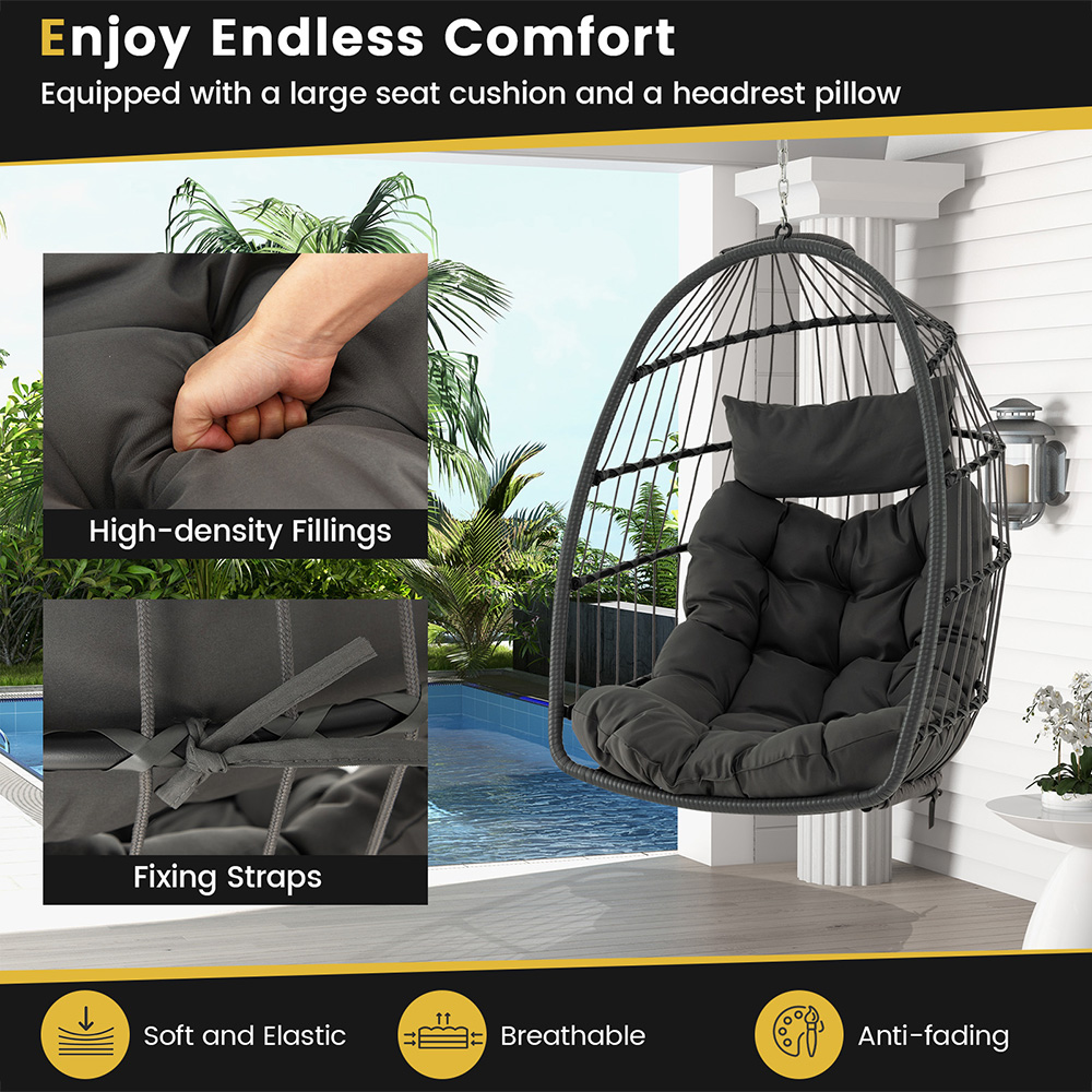Costway Grey Hanging Egg Swing Hammock Chair with Head Pillow and Cushion Image 6