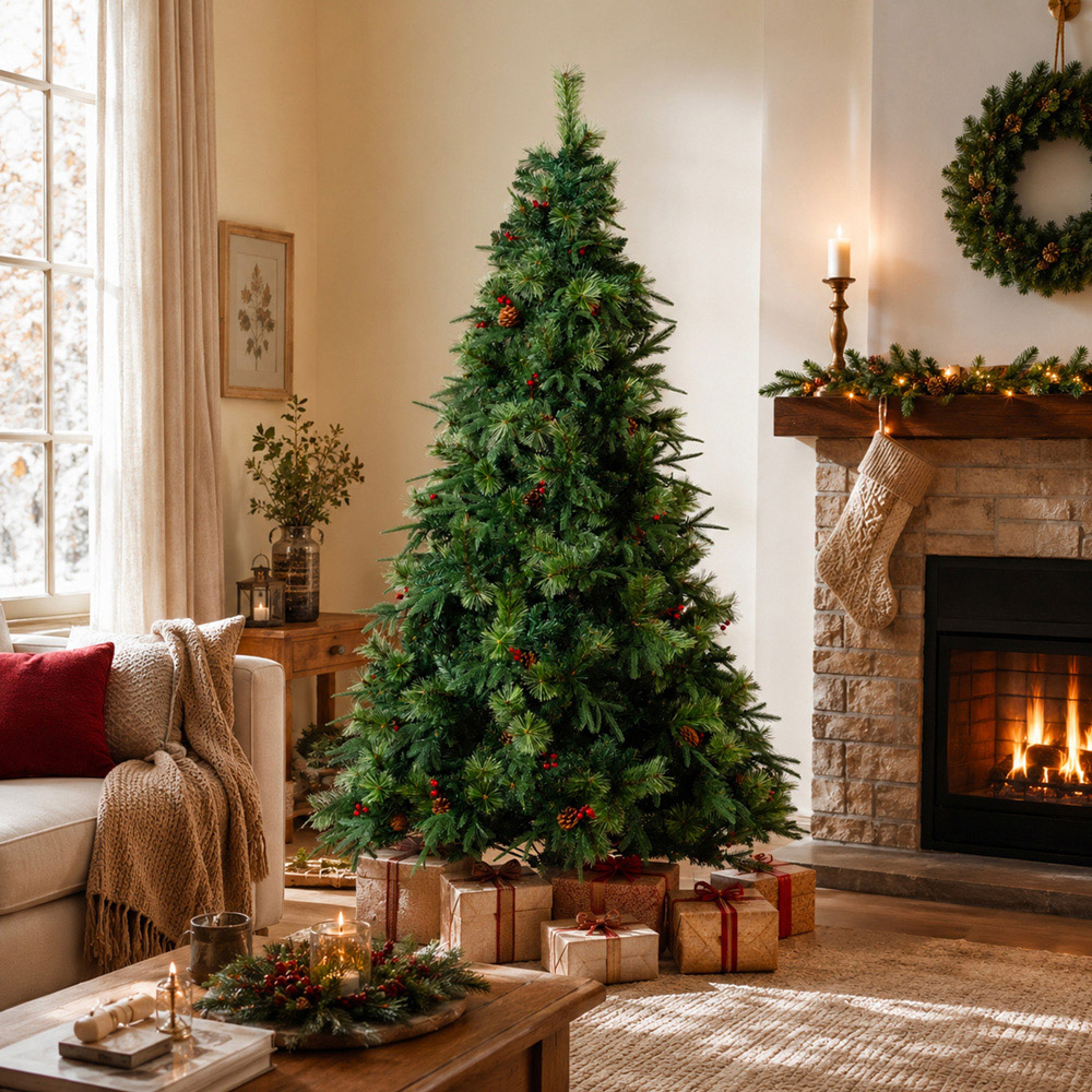 Abrihome Green Artificial Christmas Tree with Blooming Pine Needles Berries and Pinecones 6.5ft Image 3