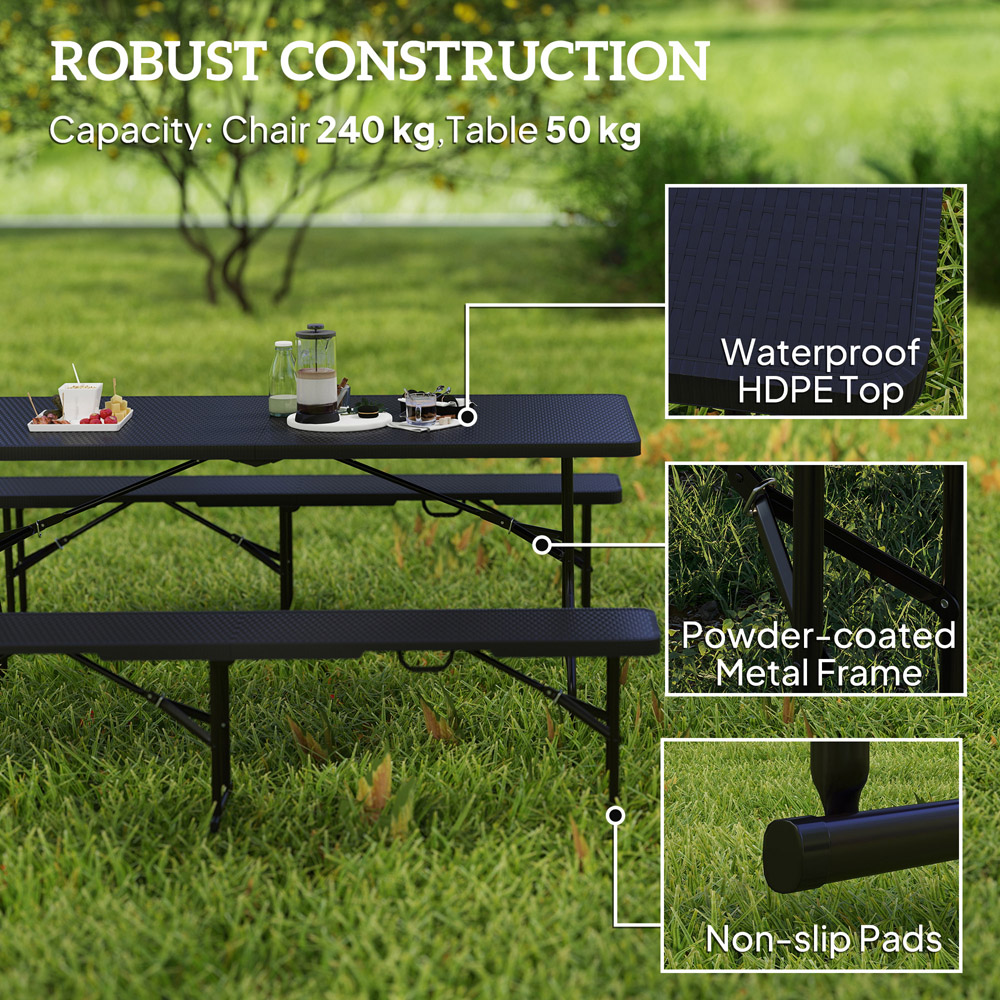 Outsunny 6 Seater Black Rattan Effect Foldable Picnic Table and Bench Set with Handles Image 6