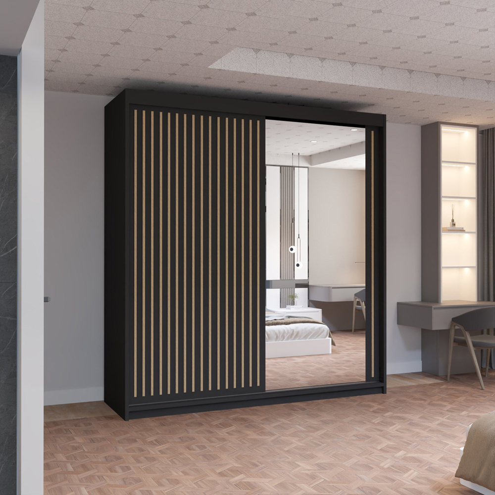 M N Furniture Roman 2 Door Black and Oak Mirrored Sliding Wardrobe 203cm Image 5