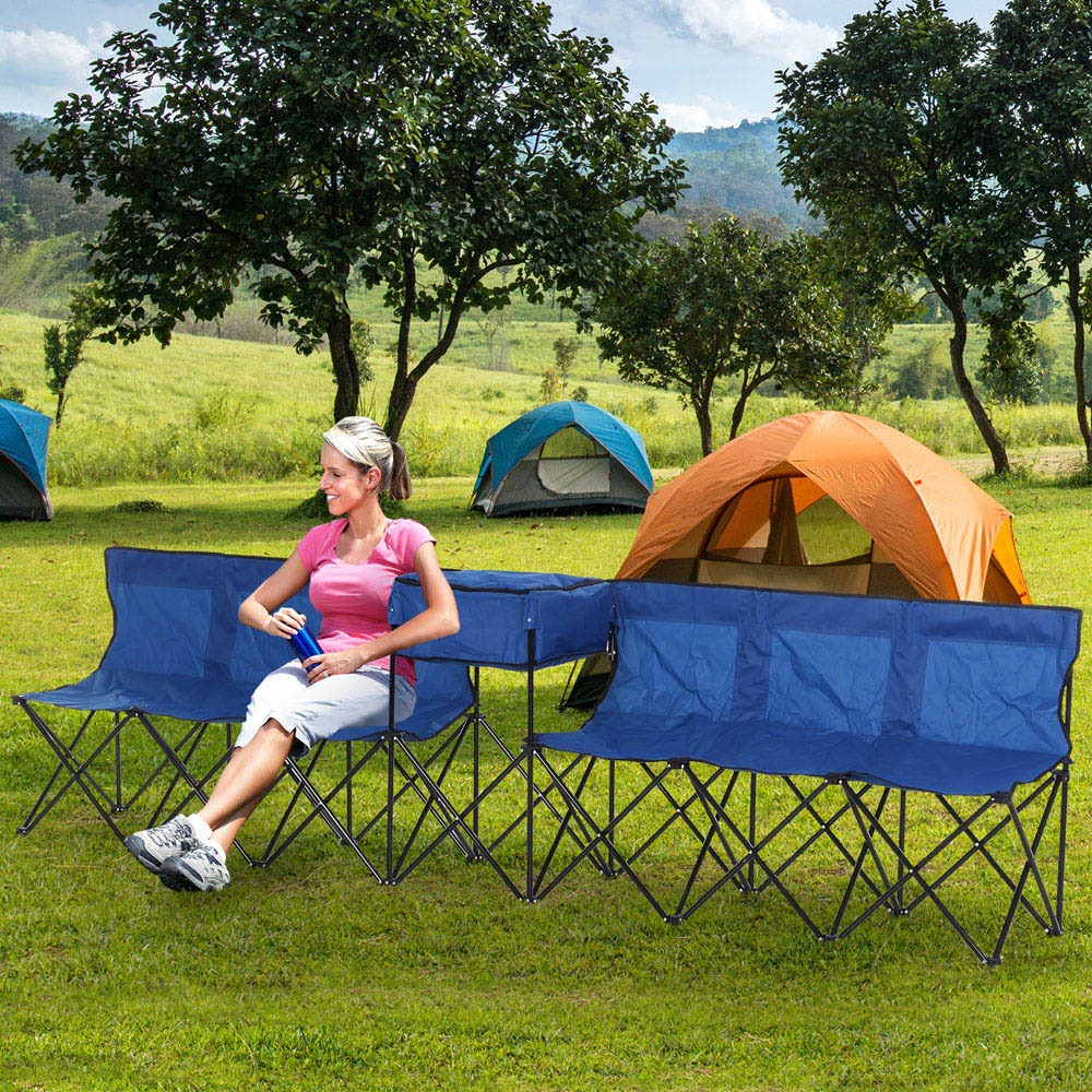 Outsunny 6 Seater Blue Folding Steel Camping Bench with Cooler Bag Image 3