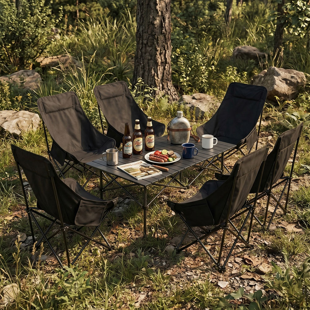Living and Home 6 Seater Black Foldable High Back Camping Table and Chair Set Image 2